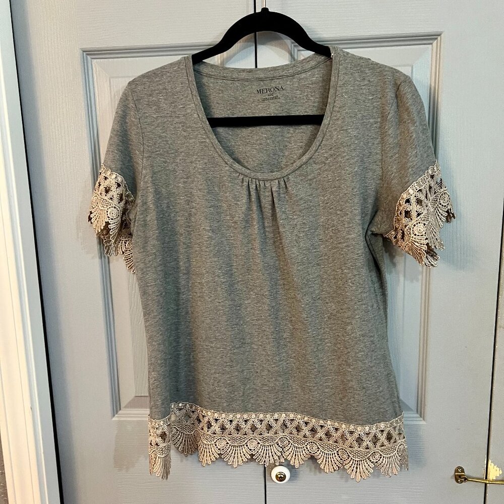 Gray Short Sleeve T-Shirt w/ Lace